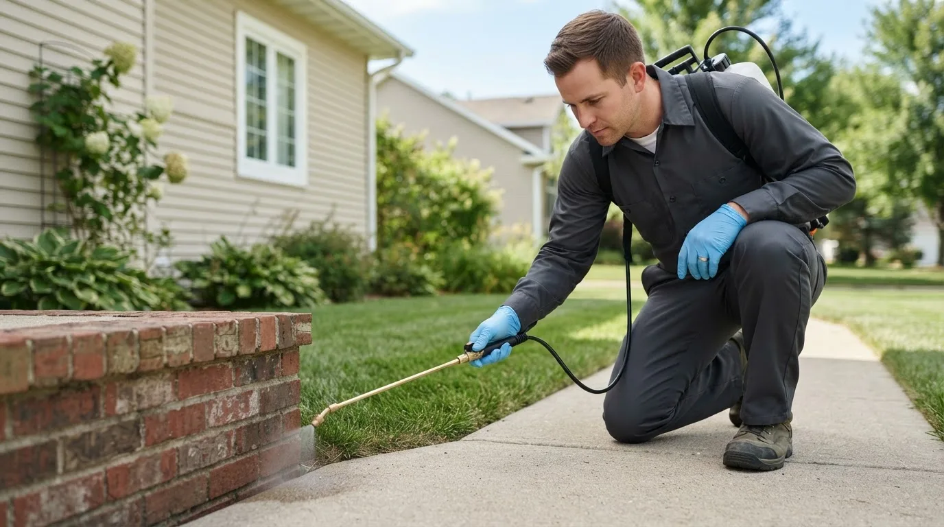 Pest control technician treating a home near Tell, TX